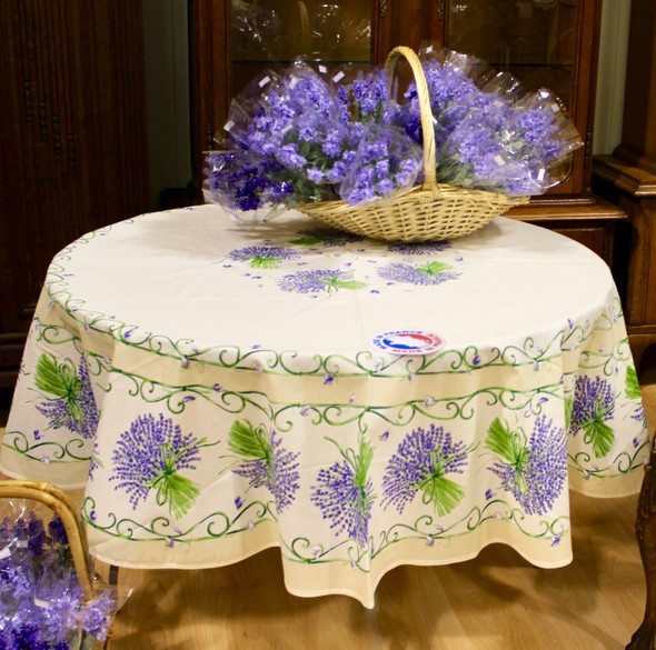 180 cm round French tablecloth in stain-resistant coated cotton – Lavender Ecru with lavender bunches in a border and center – made in France