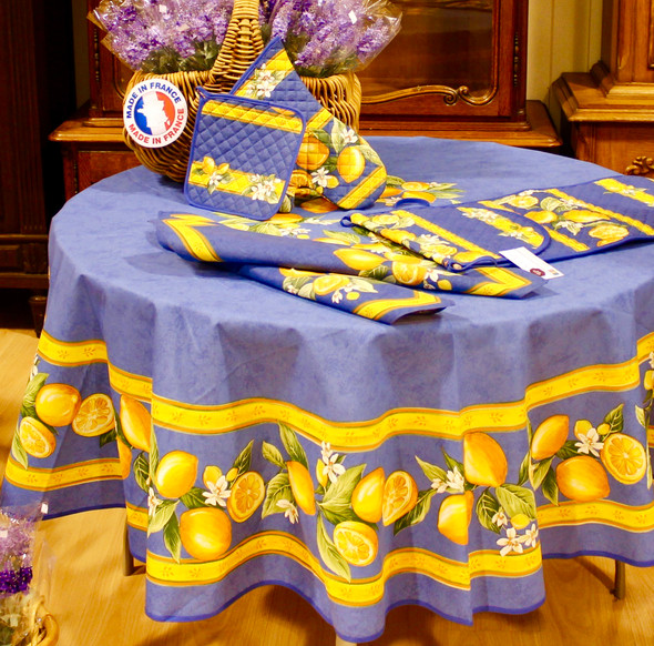 Lemon Blue French Tablecloth Round 180cm COATED Made in France Lemon Blue French Tablecloth Round 180cm COATED Made in France