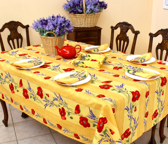 200 x 150 cm French tablecloth – Poppy Yellow – stain-resistant coated cotton – red poppies on yellow – made in France – seats 6