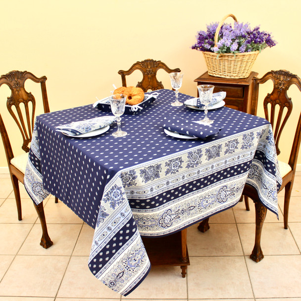 Marat Avignon Bastide Navy Square French Tablecloth 150x150cm Made in France