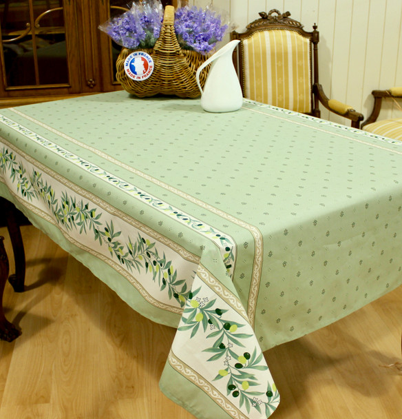 200 x 150 cm rectangular French coated tablecloth – Ramatuelle Green – stain-resistant olive design – seats 6 – made in France