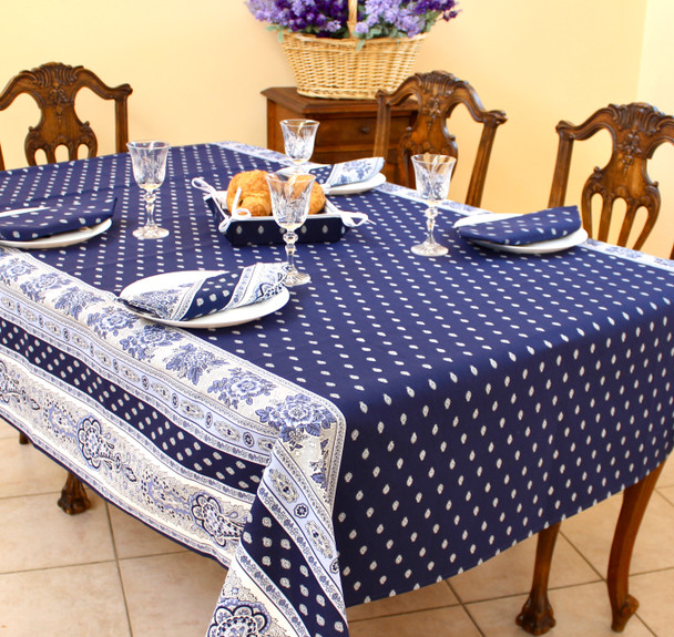 Marat Avignon Bastide Navy French Tablecloth155x200cm 6Seats COATED Made in France