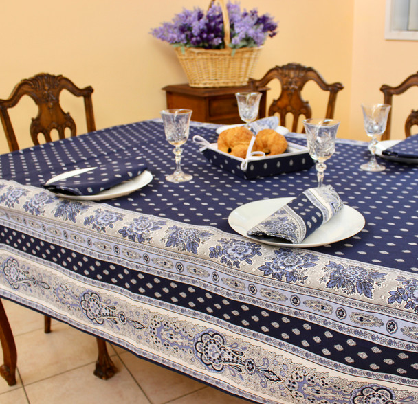 Marat Avignon Bastide Navy French Tablecloth155x200cm 6Seats COATED Made in France