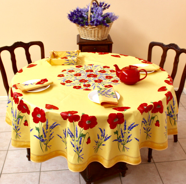 180cm Round French Tablecloth Cotton yellow poppy