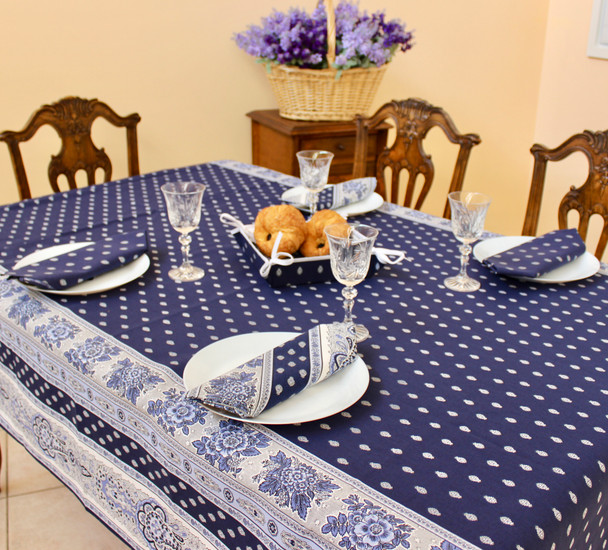 Marat Avignon Bastide Navy French Tablecloth  155x250cm 6Seats Made in France