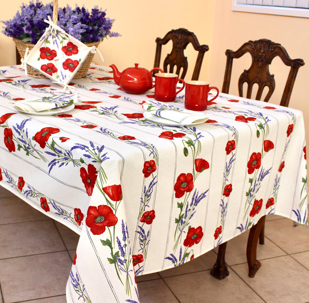 Poppy Ecru French Tablecloth 155x300cm 10seats COATED Made in France