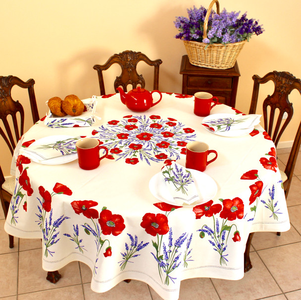 180 cm Round French Tablecloth – Stain-Resistant Coated – Poppy Ecru – Made in France