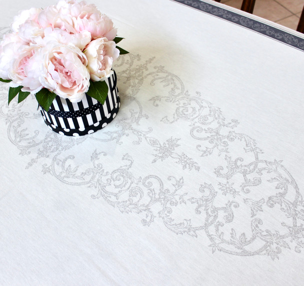 Montmirail Grey Jacquard French Tablecloth 160x300cm 10seats Made in France