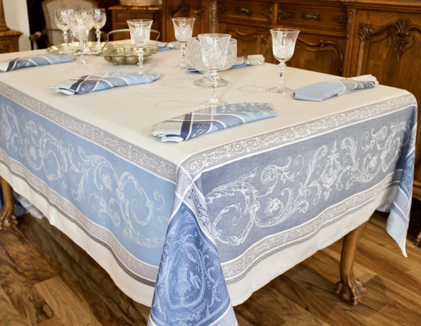 Versailles Blue Jacquard French Tablecloth 160x300cm 10seats Made in France