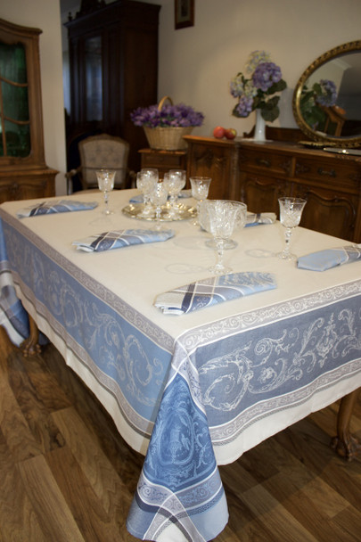 Versailles Blue Jacquard French Tablecloth 160x300cm 10seats Made in France