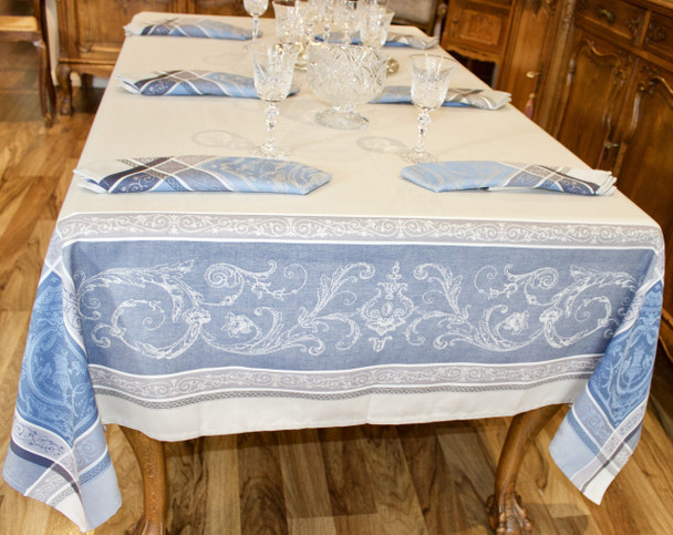 Versailles Ecru Blue Jacquard French Tablecloth 160x250cm 8seats Made in France