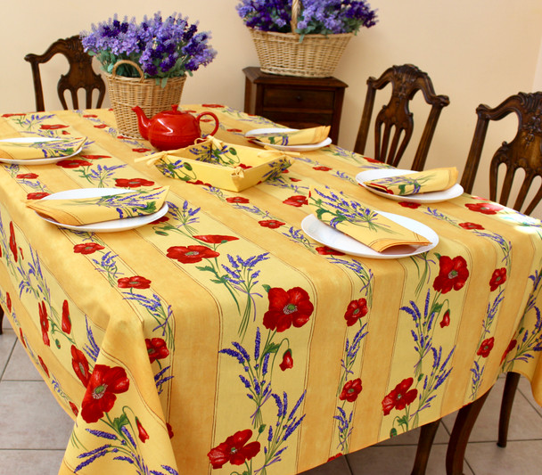 Poppy Yellow/Linear  French Tablecloth 155x250cm 8seats Made in France