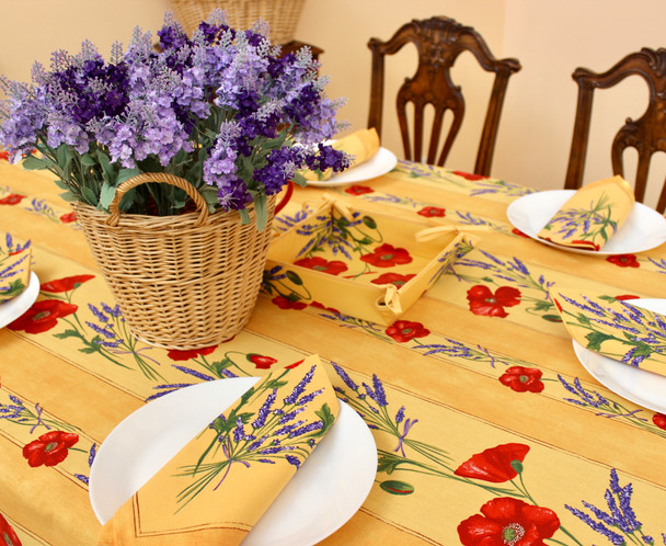 Poppy Yellow/Linear  French Tablecloth 155x250cm 8seats Made in France