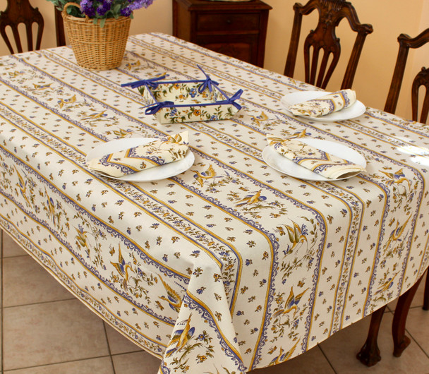 Moustiers Blue/Linear French Tablecloth 155x250cm 8seats Made in France