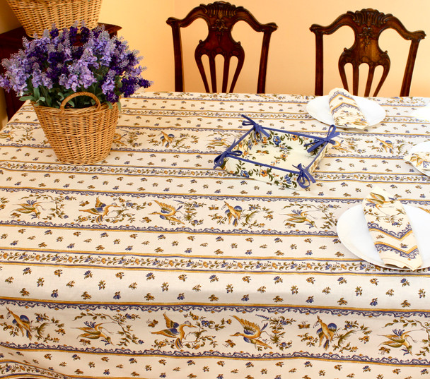 Moustiers Blue/Linear French Tablecloth 155x250cm 8seats Made in France