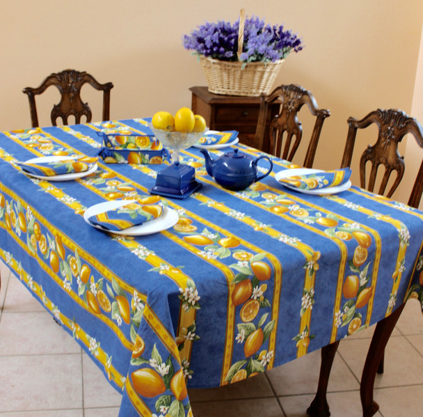 Lemon Blue Linear French Tablecloth 155x250cm 8seats COATED Made in France