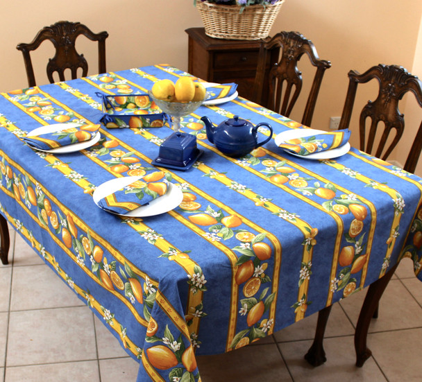 Lemon Blue Linear French Tablecloth 155x250cm 8seats COATED Made in France