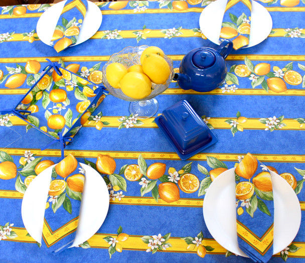 Lemon Blue Linear French Tablecloth 155x250cm 8seats COATED Made in France