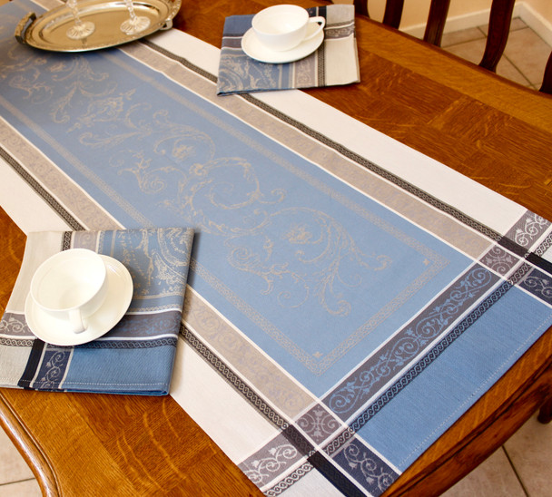 Versaille Blue 51x166cm French Jacquard Table Runner Made in France