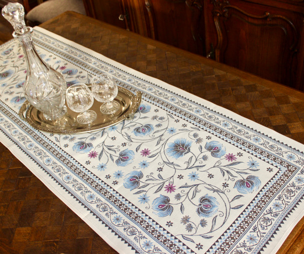 Sillans Blue 49x160cm French Thick Jacquard Tapestry Style Runner Made in France