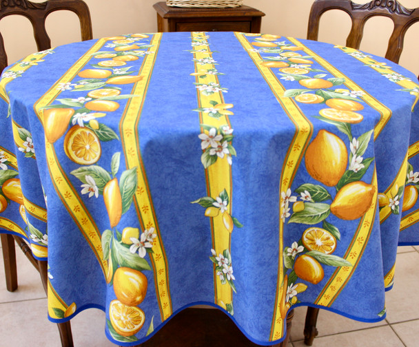 150cm Round French Tablecloth COATED blue lemons 150cm Round French Tablecloth COATED blue lemons