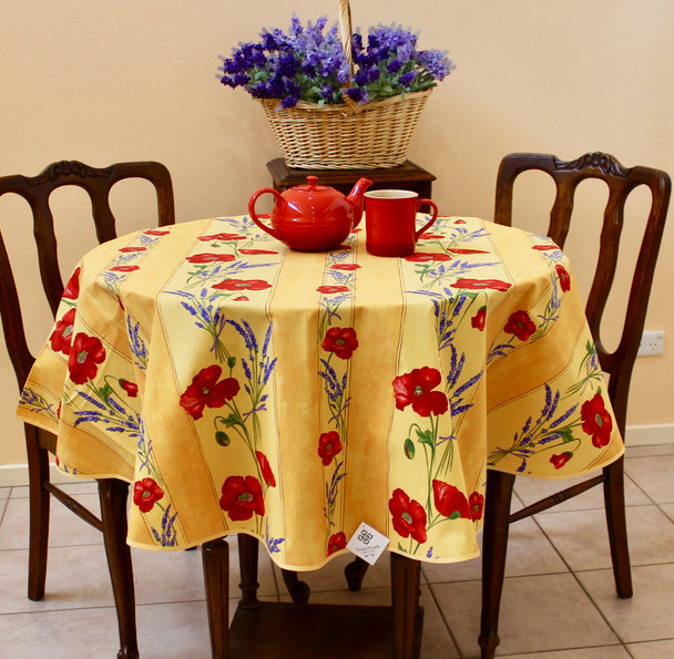 150cm Round French Tablecloth COATED poppies on yellow