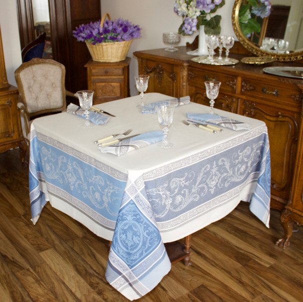 Versailles Blue 160x160cm SquareJacquard French Tablecloth Made in France 