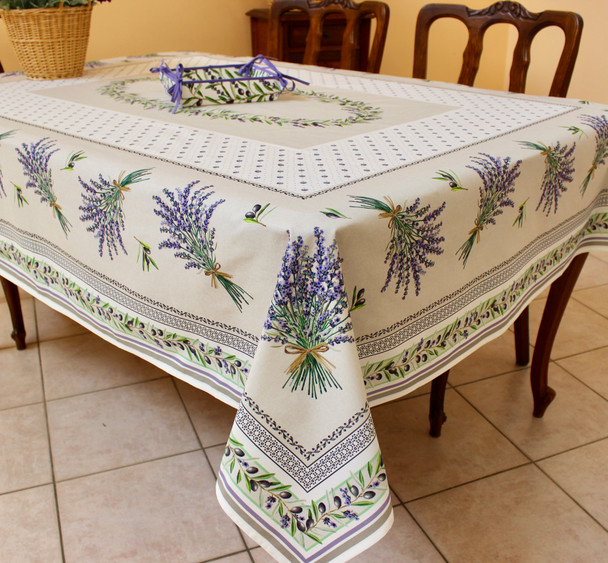 Lauris Ecru French Tablecloth 155x300cm 10Seats COATED Made in France