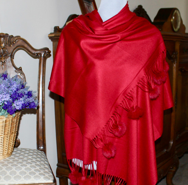 Pom-Pom Shawl Red Wine