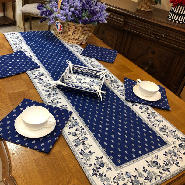 Avignon Blue 50x160cm Quilted Reversable Runner Made in France