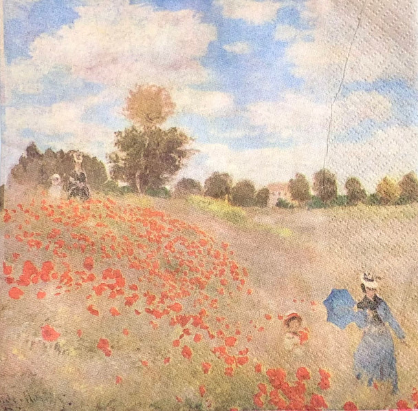 Poppy Field Claude Monet paper napkins inspired by impressionist poppy landscape artwork, art style luncheon paper napkins 33x33cm