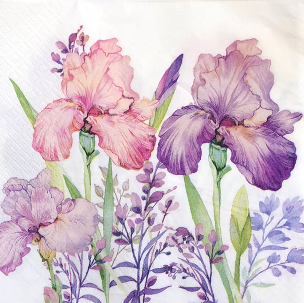 Irises paper napkins with purple and pink iris floral design, luncheon paper napkins 33x33cm