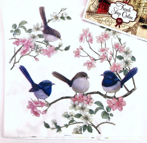 Blue wren paper napkins with Australian native bird illustration, 33x33cm luncheon napkins