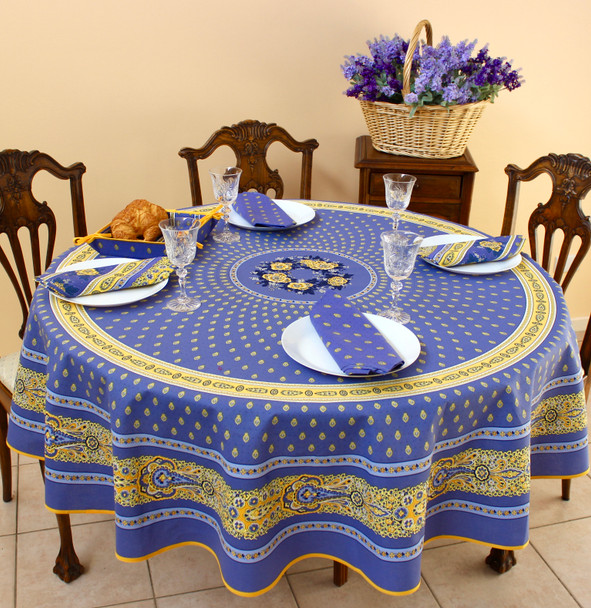 230 cm Round French Tablecloth – Cotton – Marat Bastide Blue – Made in France