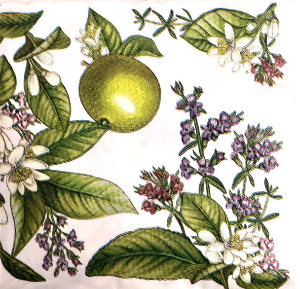 Lemon green paper napkins with lemon and botanical floral design, 33x33cm luncheon napkins
