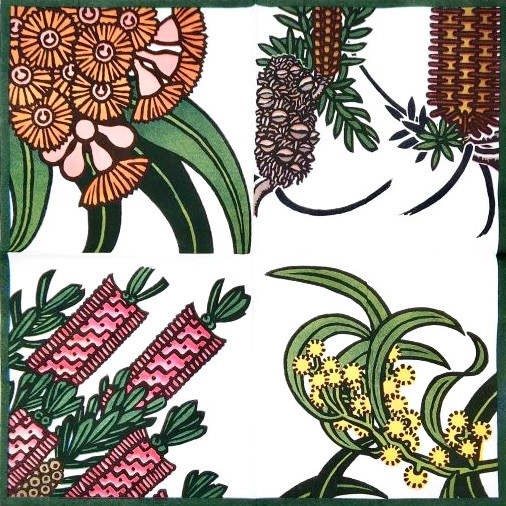 Australian Flora Cam Knuckey paper napkins featuring native botanical illustration, Australian design paper napkins 33x33cm