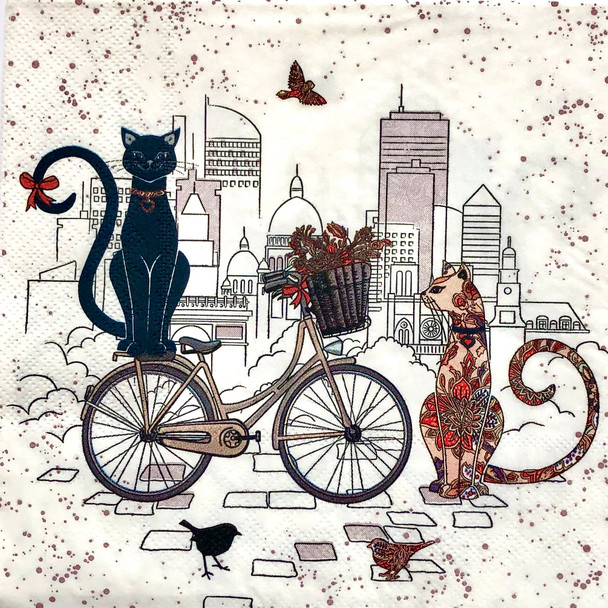 paris cats paper napkins with bicycle illustration, whimsical paris city cat design paper napkins 33x33cm luncheon size
