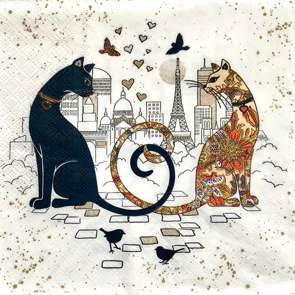 paris cats eiffel tower paper napkins with romantic paris illustration, cat themed paper napkins 33x33cm luncheon size