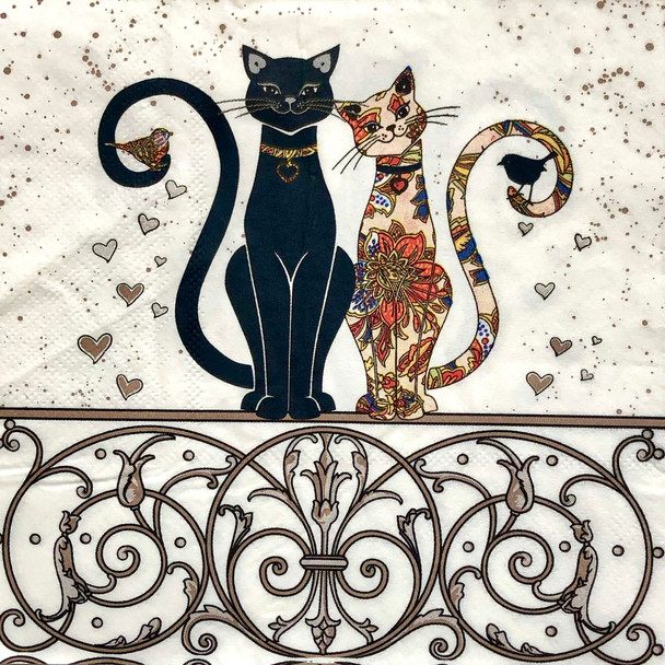 paris cats balcony paper napkins with decorative iron railing and hearts, paris themed cat paper napkins 33x33cm