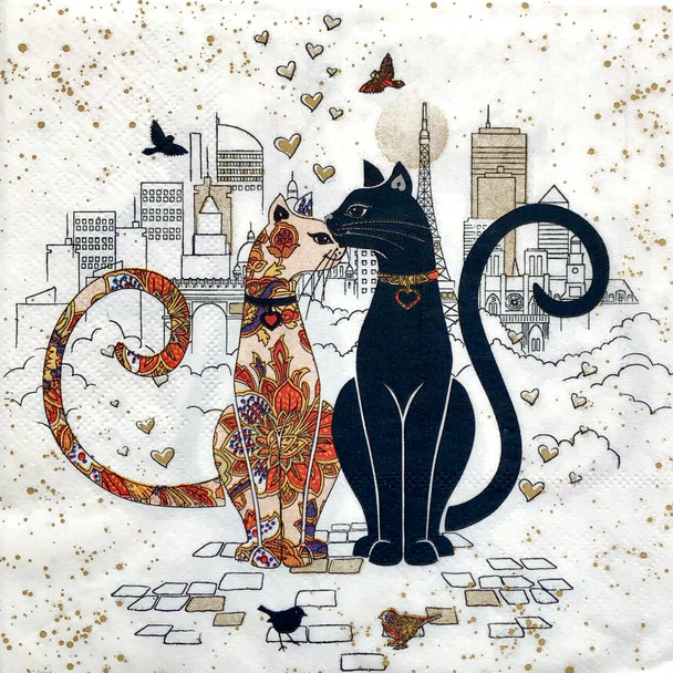 paris cats kiss paper napkins with romantic cat illustration and paris skyline, paris themed cat paper napkins 33x33cm