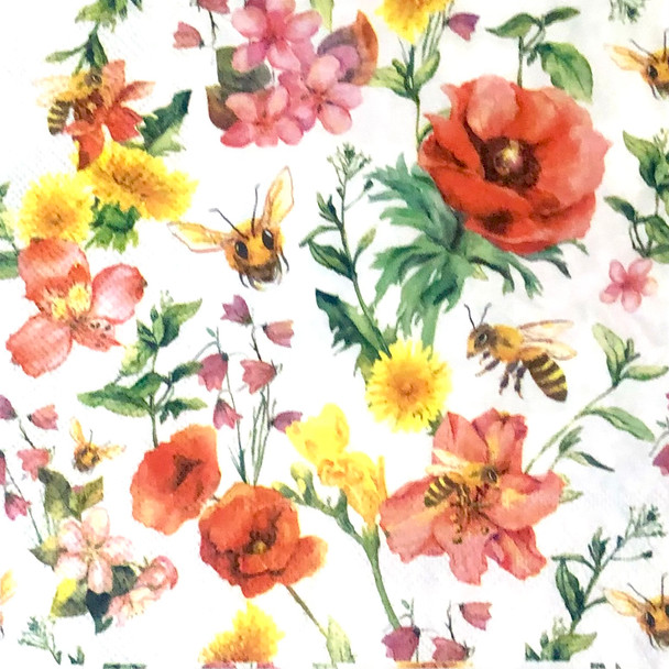 Busy Bees Wildflower Garden paper napkins with poppies and yellow flowers, 20 pack, 33x33cm luncheon