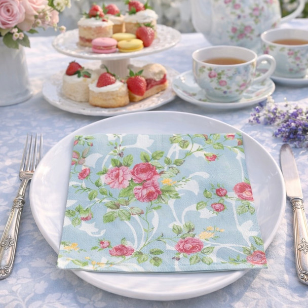 Parisienne Blue Roses paper napkins, pink roses on soft blue with white scrolls — 20 pack, 33x33cm luncheon