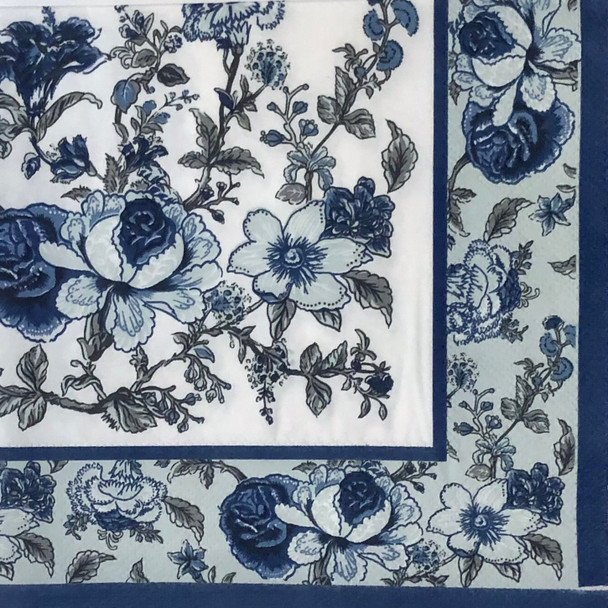 Provence Bleu Floral paper napkins — blue roses and vintage French motifs on white background, 20 pack, 33x33cm luncheon