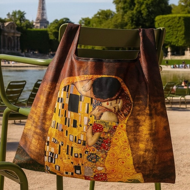 Gustav Klimt The Kiss Foldable Shopper Bag featuring golden art print of embracing couple inspired by Klimt’s Gustav Klimt The Kiss Foldable Shopper Bag featuring golden art print of embracing couple inspired by Klimt’s