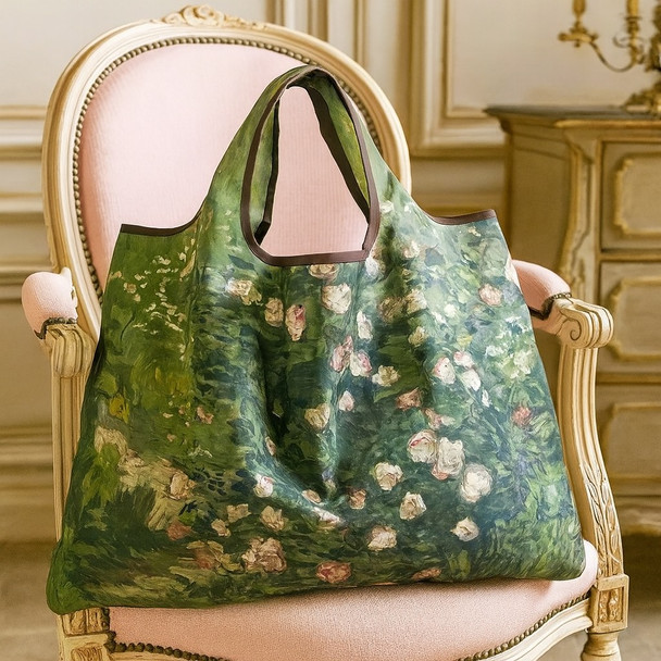 Vincent van Gogh Pink Roses Foldable Shopper Bag featuring green background with soft pink rose artwork from 1890. Vincent van Gogh Pink Roses Foldable Shopper Bag featuring green background with soft pink rose artwork from 1890.