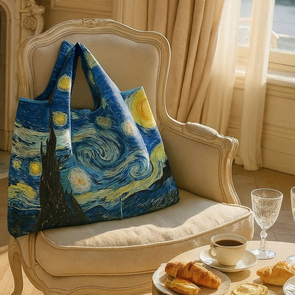 Vincent van Gogh Almond Blossom Foldable Shopper Bag featuring turquoise background and delicate white flower art print. Vincent van Gogh Almond Blossom Foldable Shopper Bag featuring turquoise background and delicate white flower art print.