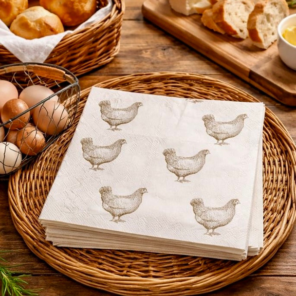 Country Farm Chooks paper napkins with hen illustrations on warm white background, farmhouse style paper napkins 33x33cm