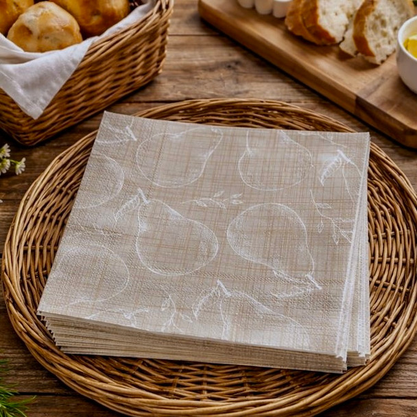 Country Pears paper napkins with pear illustrations on neutral background, French country style paper napkins 33x33cm