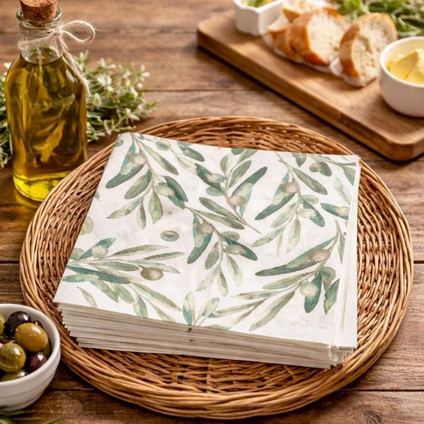 Provence Olive Branches paper napkins with watercolour olive branch design on white background, French country style paper napkins 33x33cm