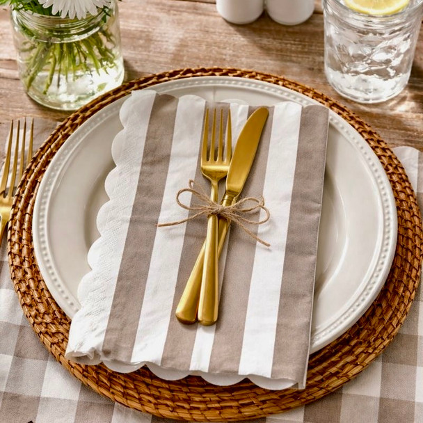 Riviera Stripe taupe and white paper napkins with vertical stripes and scalloped edge, French Riviera style striped luncheon napkins 33x33cm